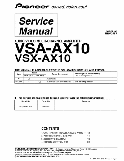 Pioneer VSA-AX10 Service Manual for Pioneer VSA-AX10, VSX-49TX/KU/CA